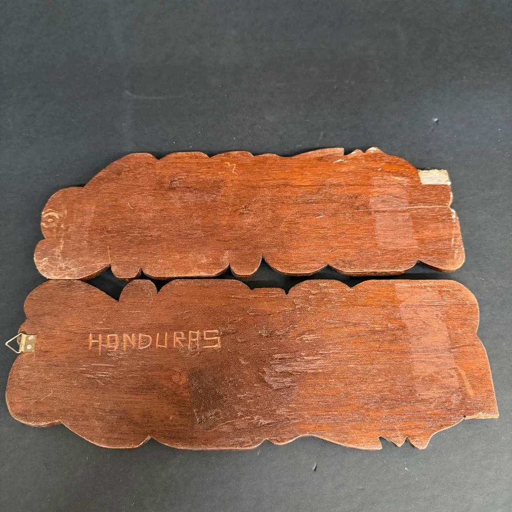 Vintage Honduras Hand Carved Wood Mayan Aztec Face Wall Art Plaques Pair 10.5